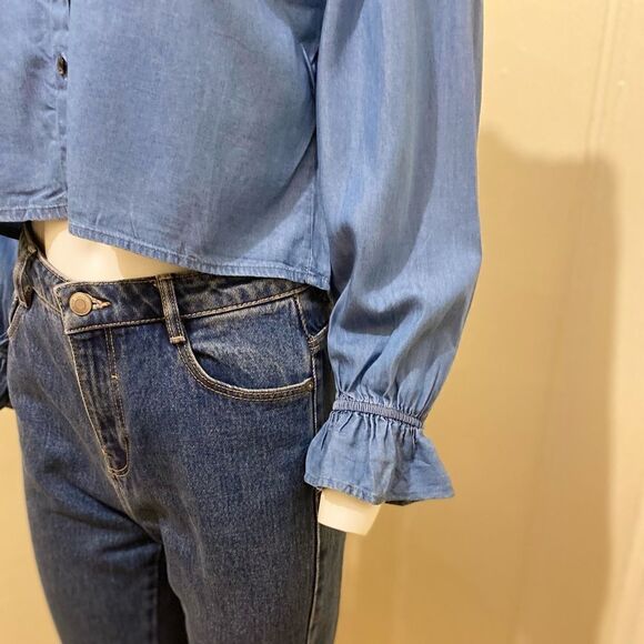 ZARA DENIM CHAMBRAY COLLARED BLOUSE TOP - Picture 7 of 10